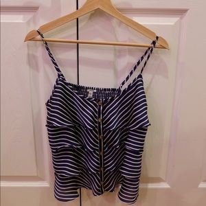 H&M navy blue and white pleated and wavy satin top